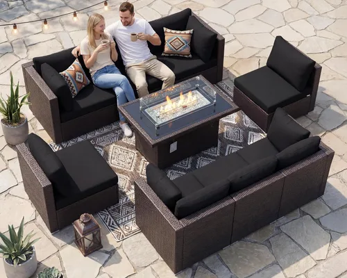 Miniatura 35 de NICESOUL Juego de muebles de patio para exteriores de 7 piezas con mesa para hoguera, gas natural y propano convertible, respaldo alto de 29.3