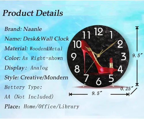 Miniatura 2 de Naanle Reloj de pared redondo negro con lápiz labial, de 9.5 pulgadas, funciona con pilas, de cuarzo, silencioso, analógico, silencioso