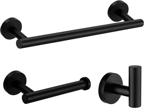 Nolimas Juego de 3 piezas de accesorios de baño negro mate SUS304 de acero inoxidable redondo montado en la pared, incluye barra de toalla de mano 3