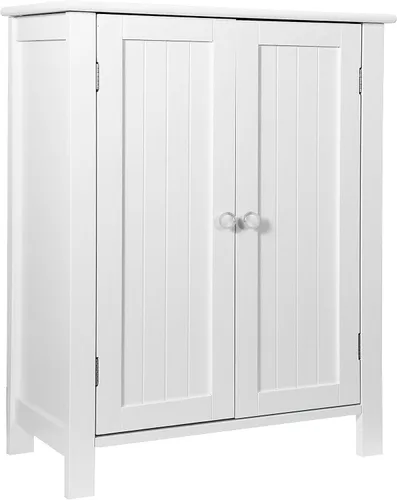 Miniatura 11 de ZENY Armario de almacenamiento de piso de baño con puerta doble + estante ajustable, armario organizador de madera para sala de estar, baño, Negro