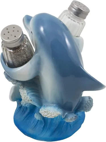 Miniatura 4 de Dolphin Riding Ocean Wave - Juego de salero y pimentero con soporte para figuras en decoración decorativa de cocina tropical, estantes de especias