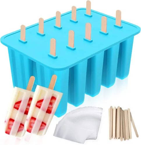 Miniatura 7 de Ozera Moldes para paletas de 10 cavidades, moldes de silicona para paletas, moldes de paletas caseras, moldes para paletas de hielo con 50 palitos