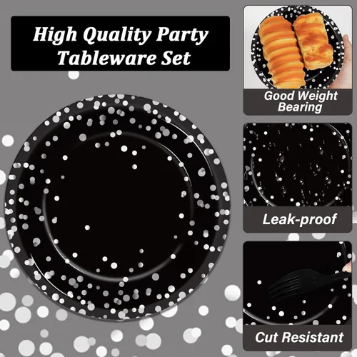 Miniatura 3 de gisgfim 96 piezas de suministros para fiesta en negro y plata, platos de papel, servilletas con punto plateado sobre negro, juego de mesa