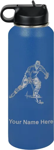 Miniatura 24 de LaserGram Botella de agua personalizada, jugador de hockey, acero inoxidable de doble pared aislada al vacío con popote superior, regalo grabado