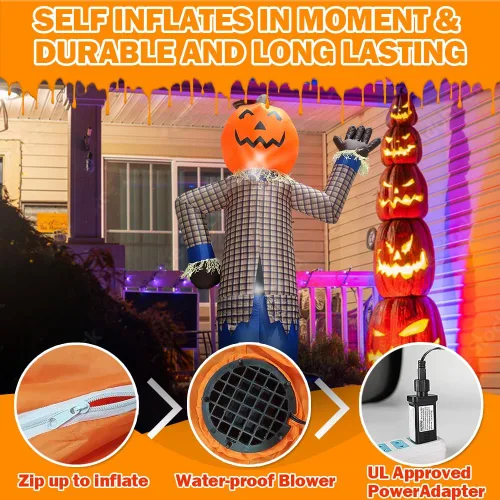 Miniatura 3 de Decoración inflable de calabaza de espantapájaros de Halloween, 12 pies, decoración inflable gigante de Halloween con luces LED, inflables