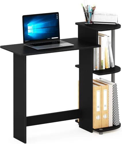 Miniatura 3 de Furinno - Escritorio compacto para computadora con estantes, Tablero de partículas, Negro / Gris