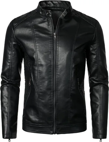HOOD CREW Chaquetas de cuero para hombre, chaqueta de motocicleta negra, cuello alto, chaqueta de piel sintética