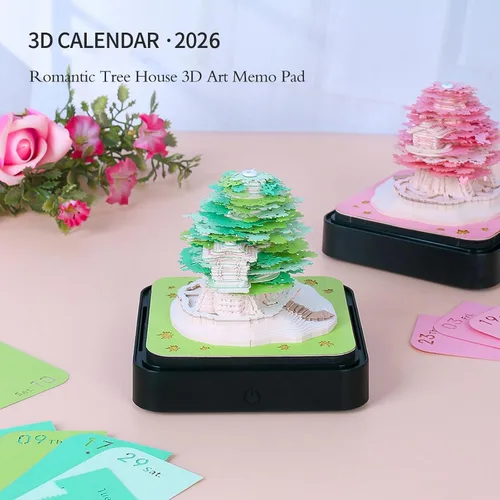 Miniatura 2 de Calendario 3D 2026 – Calendario de escritorio con luces, calendario de 2026 piezas de tiempo 3D, bloc de notas de papel, arte de árbol, creativo