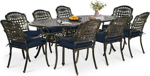 Miniatura 11 de Juego de comedor de patio de 9 piezas, mesa y sillas de patio al aire libre, mesa de comedor ovalada de aluminio fundido de 84 pulgadas con agujero