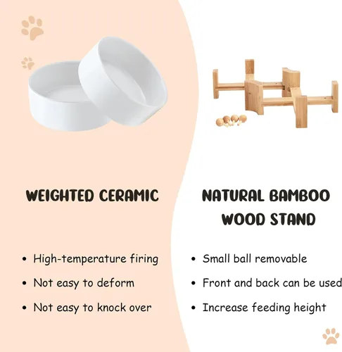 Miniatura 7 de SPUNKYJUNKY Cuenco de cerámica inclinado de 15° para perros y gatos con soporte de madera, cuenco inclinado para comida y agua para bulldog Blanco