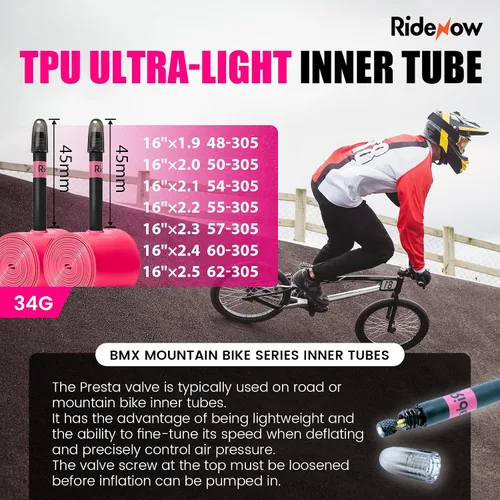 Miniatura 2 de RideNow BMX Inner Tube 16",18",20" Wheel Sizes, Fits Tire Widths 1.9-2.5, 2-Pack Ultra-Light Puncture Resistant TPU Bike Tube with 45mm Presta