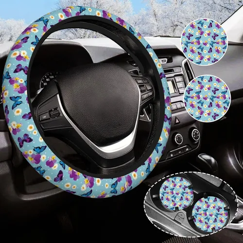 Miniatura 13 de Funda para volante de camuflaje verde para mujeres y hombres con 2 posavasos de automóvil, fundas universales de 14.5 a 15 pulgadas, accesorios