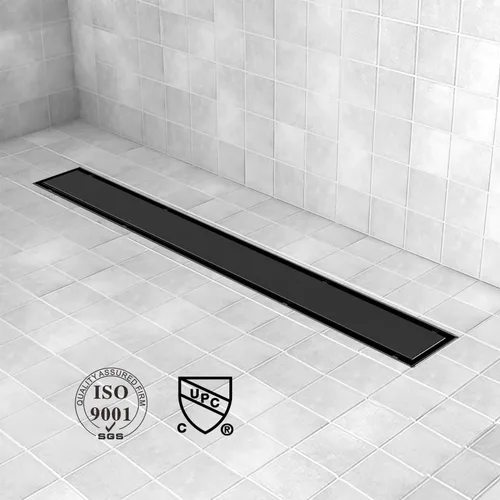 Miniatura 7 de Drenaje de ducha lineal compensado, drenaje de ducha negro de 24 pulgadas con cubierta de inserción de azulejos 2 en 1, salida lateral de acero