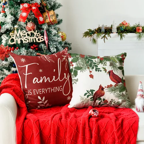 Miniatura 3 de AVOIN colorlife Fundas de Cojines Decorativos Navideños Cardinal Home Sweet Home Poinsettia Bayas de Acebo, 16 x 16 Pulgadas Family is Everything