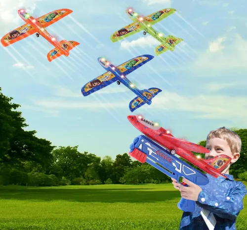Miniatura 11 de Paquete de 3 lanzadores de aviones de juguete para niños, planeador de espuma ligera LED con lanzador de avión para jugar al aire libre, juguete