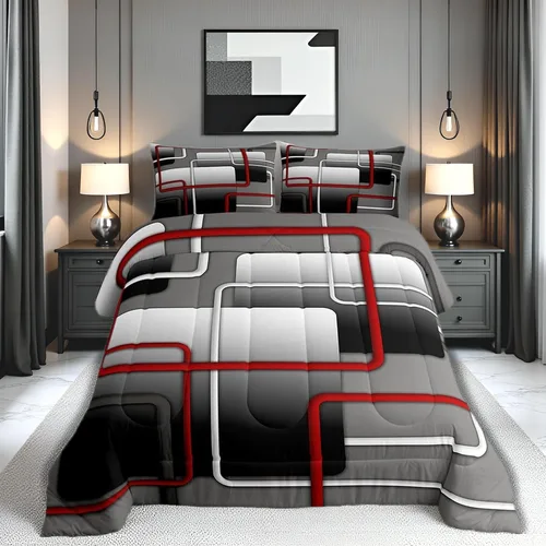 Miniatura 45 de Juego de edredón de rayas rojas y negras, juego de ropa de cama tamaño King con ondas circulares abstractas, geométrico, espiral, acolchado, 3 Multi