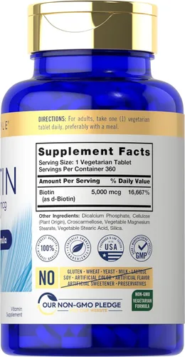 Miniatura 2 de Carlyle Biotin 5000mcg 360 tabletas vegetarianas Suplemento de fórmula de belleza para cabello, piel y uñas Sin OMG, sin gluten