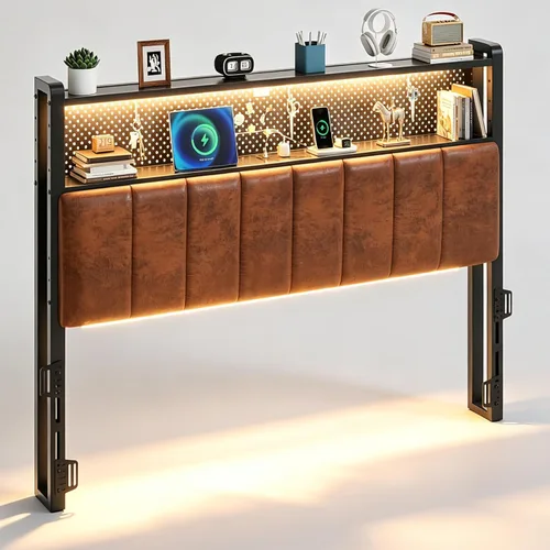 Miniatura 15 de VINGLI Cabecera LED Queen con 3 estantes de almacenamiento y estación de carga, moderna cabecera tapizada con luces RGB, puertos USB y toma de Lino