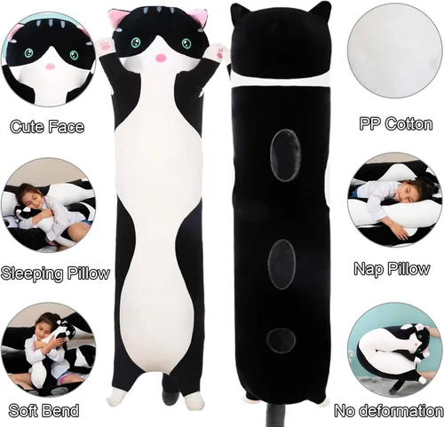 Miniatura 6 de Almohada gigante de gatos de peluche con dibujos animados y gatitos, almohada para dormir, suave y larga, para el cuerpo, muñeca y gato, juguete