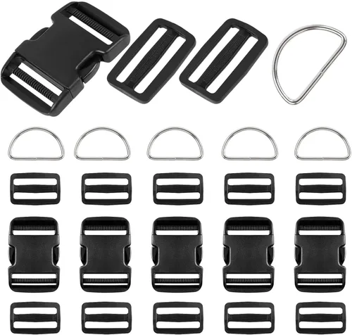 Juego de 6 hebillas de plástico ajustables (paquete de 24), 6 hebillas de liberación lateral rápida, doble y 6 anillos en D y 12 clips deslizantes