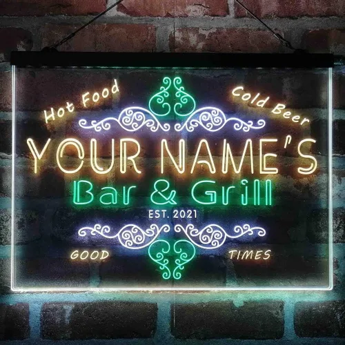 Miniatura 17 de Letrero de luz de neón LED tricolor personalizado para bar y parrilla, nombre personalizado, fecha, texto, cita, fuente blanco, azul y rojo, 17.7 x