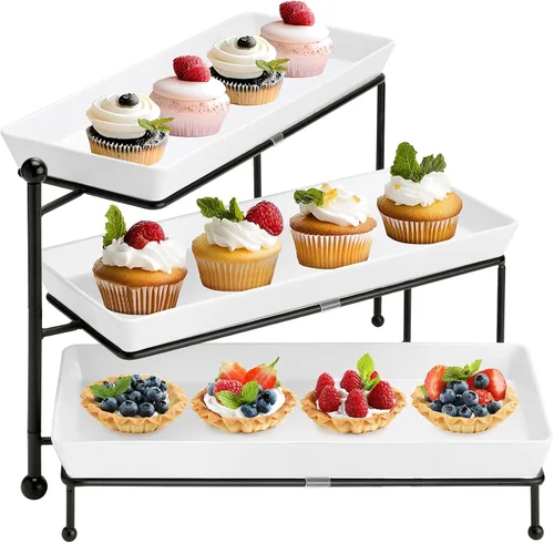 Miniatura 13 de Bandejas de servir de 3 niveles para fiesta, platos y bandejas de servir de porcelana, soporte de bandeja escalonada de 12 pulgadas, bandeja