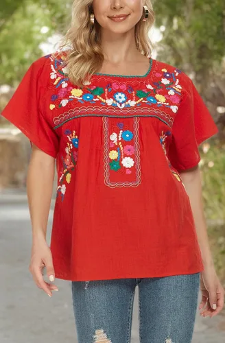 Miniatura 7 de YZXDORWJ - Cómoda blusa mexicana bordada de verano y sin mangas para mujer