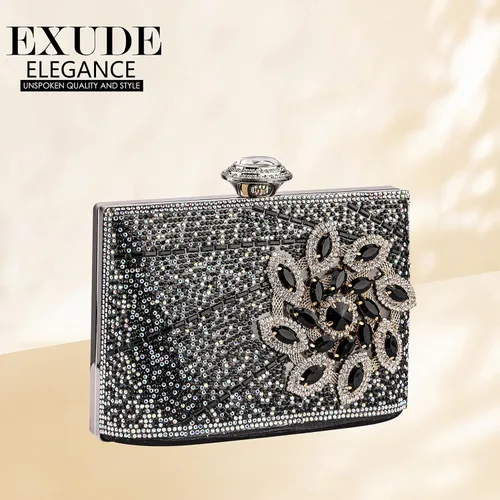 Miniatura 7 de Bolso de mano de cristal negro para mujer, bolso de noche con purpurina, bolso de lujo con borla de moda para boda, fiesta, baile de graduación