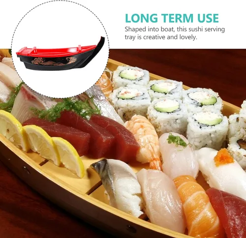 Miniatura 5 de Bandeja para servir sushi barco de 13.6 pulgadas, de plástico, estilo japonés, plato rectangular largo para platos de pescado Sashimi y presentación