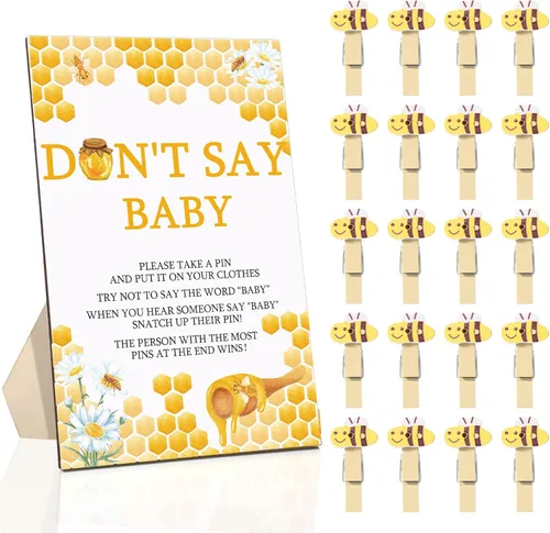 Unittype 51 Piezas No Digas Bebé Juego de Baby Shower Regalos Incluye Letrero de Baby Shower Tema Abeja y 50 Mini Pinzas de Ropa de Abeja para Niños