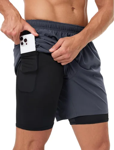Miniatura 7 de Pantalones cortos deportivos 2 en 1 para hombre, de secado rápido, 5 pulgadas, ligeros, con forro y bolsillos