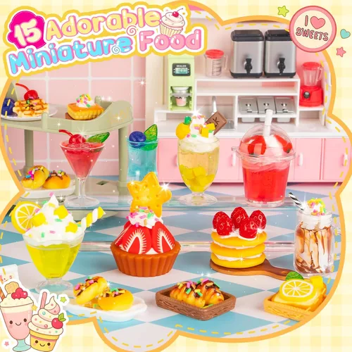 Miniatura 2 de Alritz Juego de juguetes de comida en miniatura, mini postres para hacer bebidas, kit de manualidades, pastel de fresa simulado, juego de alimentos