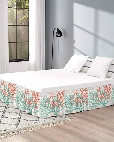 Miniatura 5 de Falda de cama color coral tamaño Queen de 16 pulgadas de caída, ajustable y elástica envolvente, plisada, con volantes de lujo para cama individual
