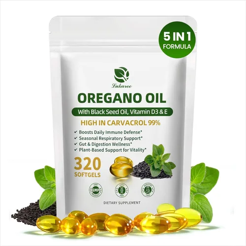 Aceite de orégano 5 en 1 con aceite de semilla negra, 99% Carvacrol | Thymoquinone 320 cápsulas de aceite de orégano orgánico, vitamina