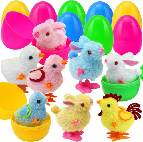 Tuzuaol Paquete de 8 huevos de Pascua precargados con coloridos conejitos y pollitos saltadores de cuerda para rellenos de cestas de Pascua, huevos