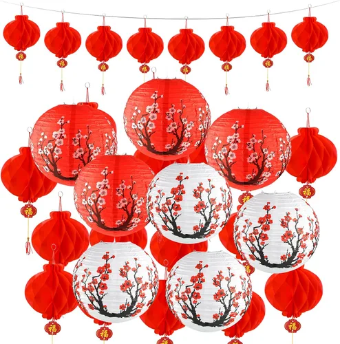 Mototo Kit de 30 faroles de papel chinos japoneses, 12 pulgadas, flor de cerezo japonés, farol de papel chino japonés con flor de cerezo rojo para