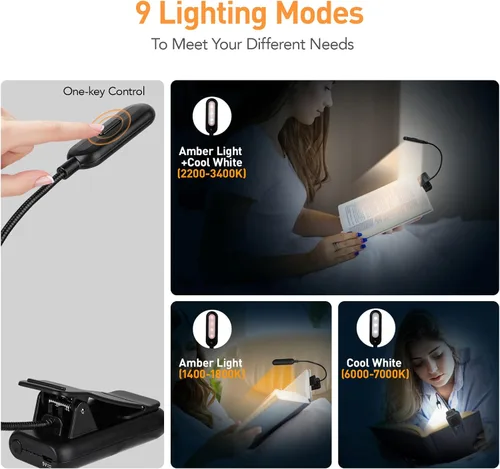 Miniatura 2 de VAVOFO Luz de lectura recargable ámbar, luz de libro con bloqueo de luz azul, 7 LED para el cuidado de los ojos, 9 colores, 9 brillos con clip