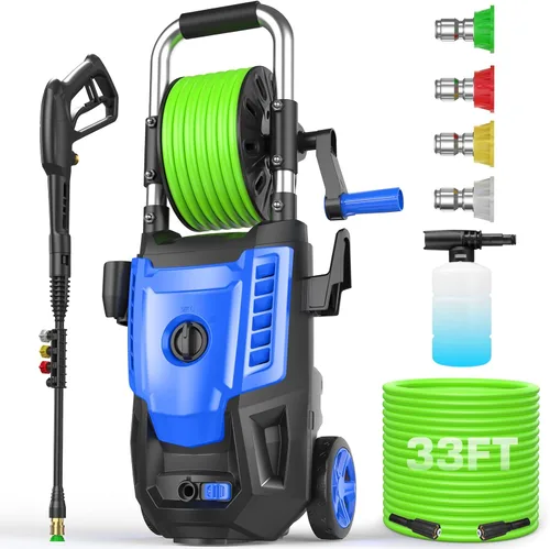 Limpiador a presión de 4800 PSI: limpiador de alta potencia de 4.0 GPM con carrete de manguera de 33 pies, 4 puntas de pulverización y botella de