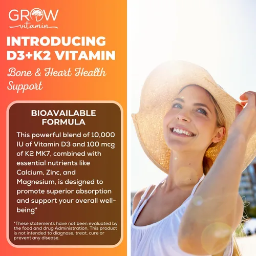 Miniatura 2 de grow vitamin Aceite D3 K2 con MCT - 10,000 UI D3, 100 mcg K2 MK7, calcio, zinc, bioperina, magnesio para una absorción superior - 60 cápsulas
