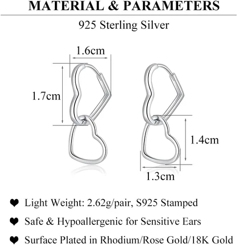 Miniatura 7 de SLUYNZ Aretes de aro de plata de ley 925 con forma de corazón para mujeres, adolescentes y niñas, aretes de aro de doble corazón