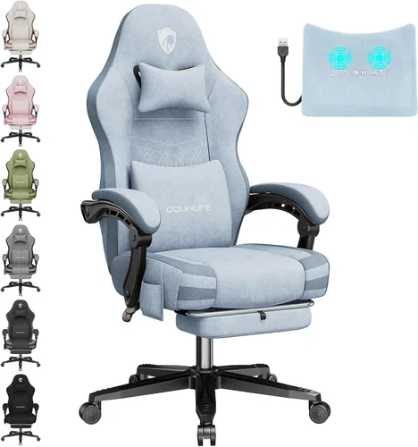 Miniatura 15 de Silla para videojuegos, silla de oficina de tela para computadora con masaje, silla ergonómica con reposapiés, soporte lumbar, cojín ensanchado