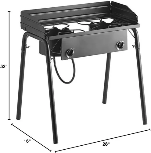 Estufa de gas para campamento, estufa de patio al aire libre, quemador doble de acero resistente, 32 pulgadas con protector de manguera, rango de