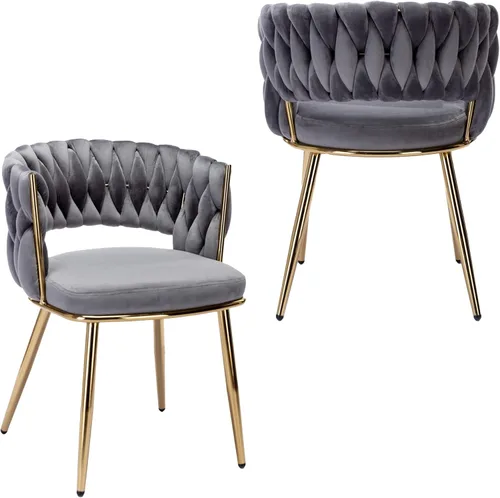 Miniatura 21 de KCC Juego de 2 sillas de comedor modernas de terciopelo, sillas tapizadas para sala de estar con respaldo tejido y patas de metal dorado, silla
