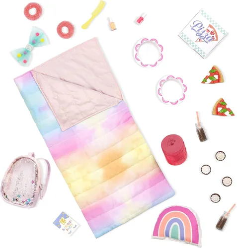 Glitter Girls Accesorios para muñecas de 14 pulgadas - Juego de mochila y fiesta de pijamas - Tie - Saco de dormir teñido, almohada arcoíris y