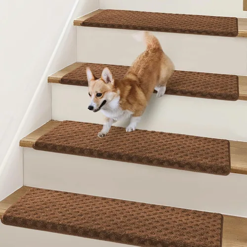 Miniatura 16 de Peldaños Bullnose Antideslizantes 9.5" x 30", 2 Piezas Peldaños de Alfombra para Escalones de Madera Interior con Protección de Bordes, Alfombras