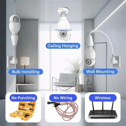 Miniatura 2 de EVERSECU HD 2K 3.0MP Cámara de seguridad de bombilla inalámbrica con conector de luz E27, seguimiento automático PTZ, audio de dos vías, visión