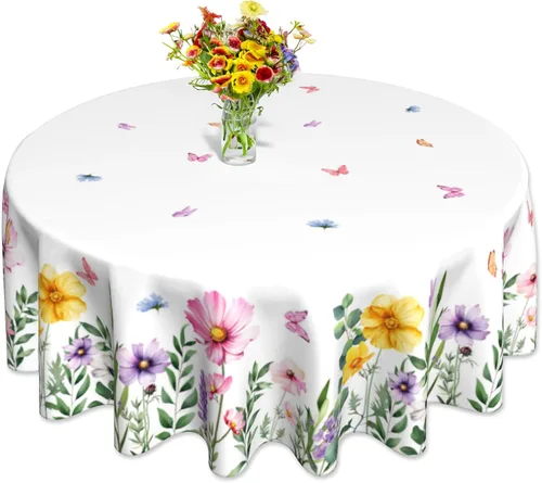 Miniatura 13 de Mantel redondo de primavera y verano de 60 pulgadas, diseño floral de ramas de pájaros, mantel lavable para fiesta, picnic, cocina, decoración