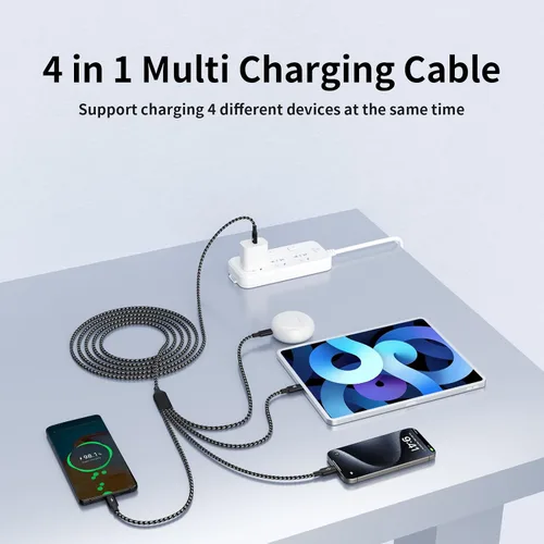 Miniatura 5 de Cable de carga múltiple, doble tipo C, cable de carga múltiple de nailon trenzado 4 en 1, cable de carga multi USB con puertos IP/tipo C/micro USB