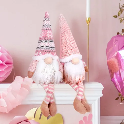 Miniatura 6 de D-FantiX Decoraciones de gnomos rosados de Navidad de San Valentín, paquete de 2 gnomos suecos Tomte hechos a mano con iluminación LED, figura