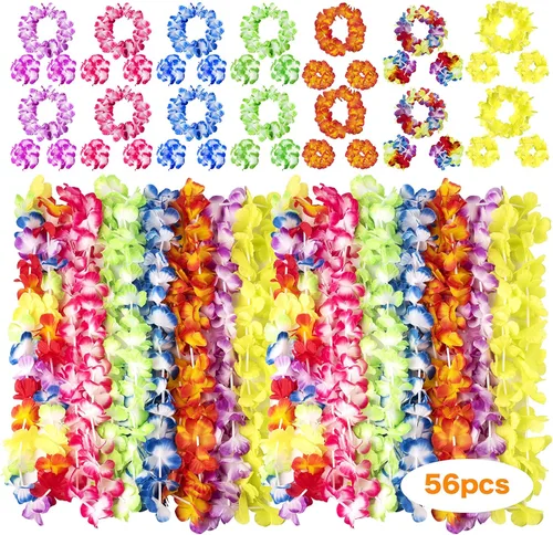 HongyiTime 56 unidades de Leis hawaianos, suministros para fiestas Luau de collares, diademas y pulseras de flores elásticas, decoraciones hawaianas